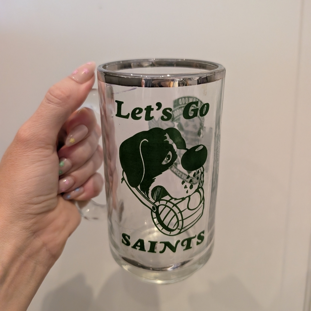 Saints Dog-Themed Glass Mug with Green Print